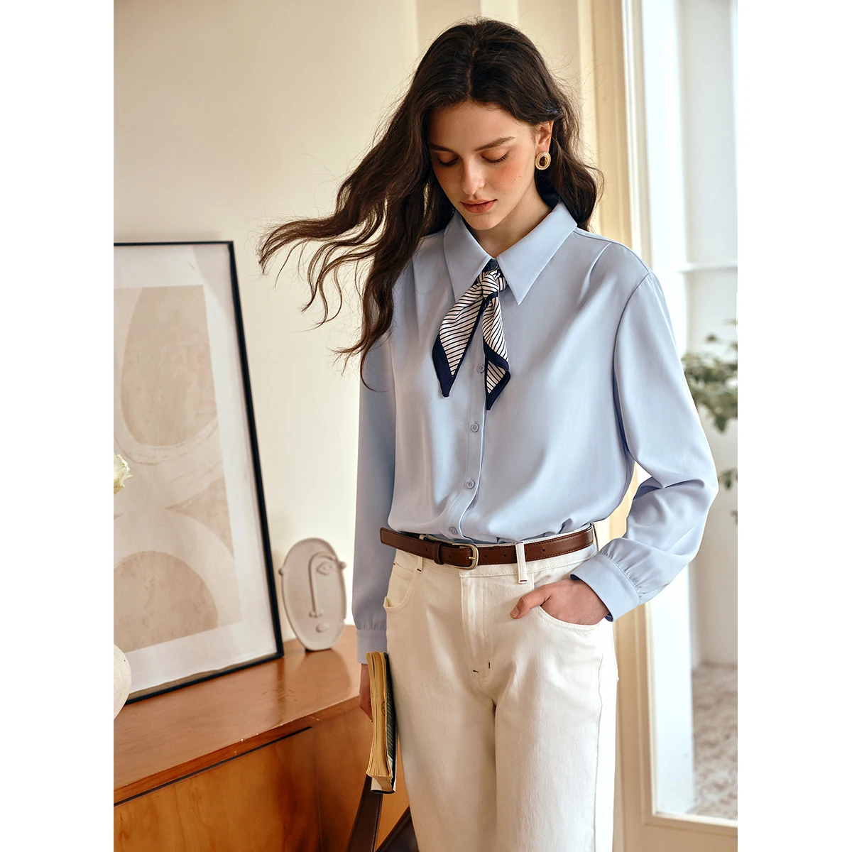 OLrain Elegant Simple women's Shirts 2025 Autumn New Long Sleeve Loose Shirt Solid Scarf-Neck Women's Blouses Tops O57QC000290