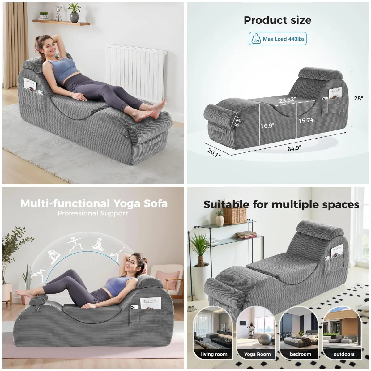 

Yoga Chair for Adults, Ergonomic Chaise Lounge with Lumbar Pillow & Ottoman, Grey, Indoor Use for Stretching & Relaxation