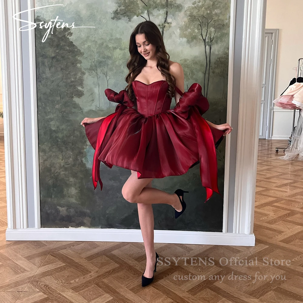 

SSYTENS Modern Red Shiny Short Evening Dresses Bow Straps A-Line Formal Prom Dresses Strapless Birthday Party Dresses Customized