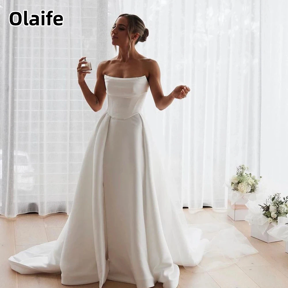 Olaife High Quality Pleat Satin A Line Princess Long Wedding Dresses Sweep Side Slit Split Wedding Gown vestido de noiva