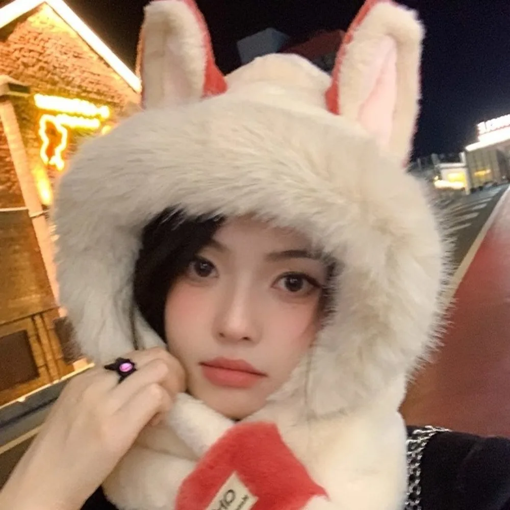 Outdoor Fox Ear Shape Integrated Cap Scarf Windproof Thickening Ear Protection Cap Warm Soft Plush Beanie Hat Scarf for Women