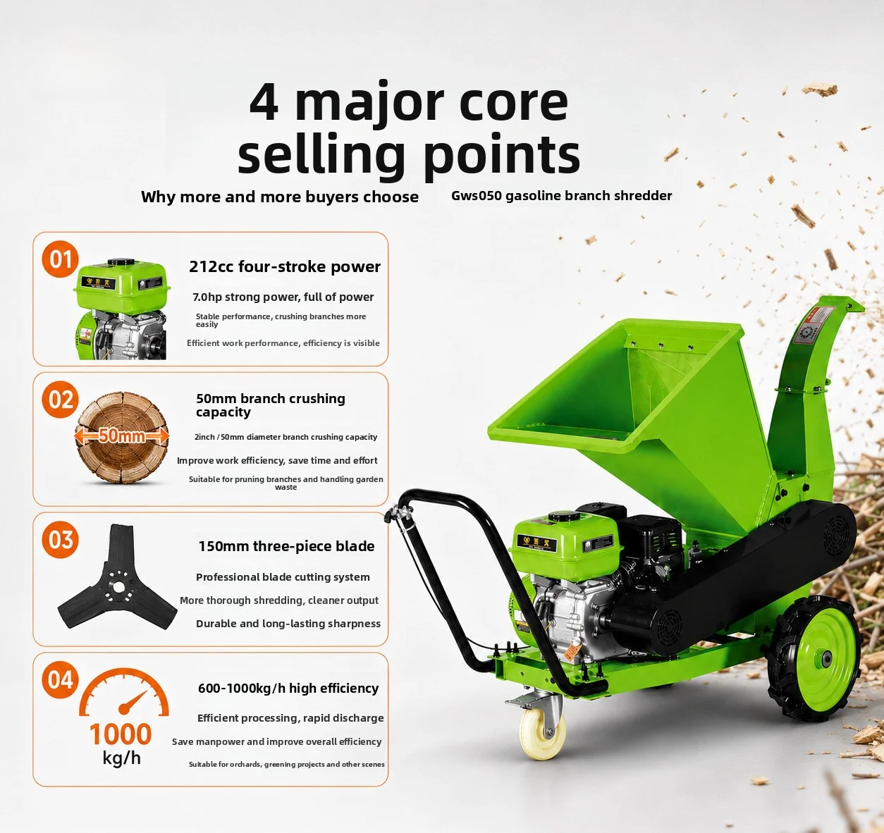 212cc 7.0  Mobile Wood Chipper Shredder Portable Branch Crusher for Orchard Wood Straw Leaves Mulching