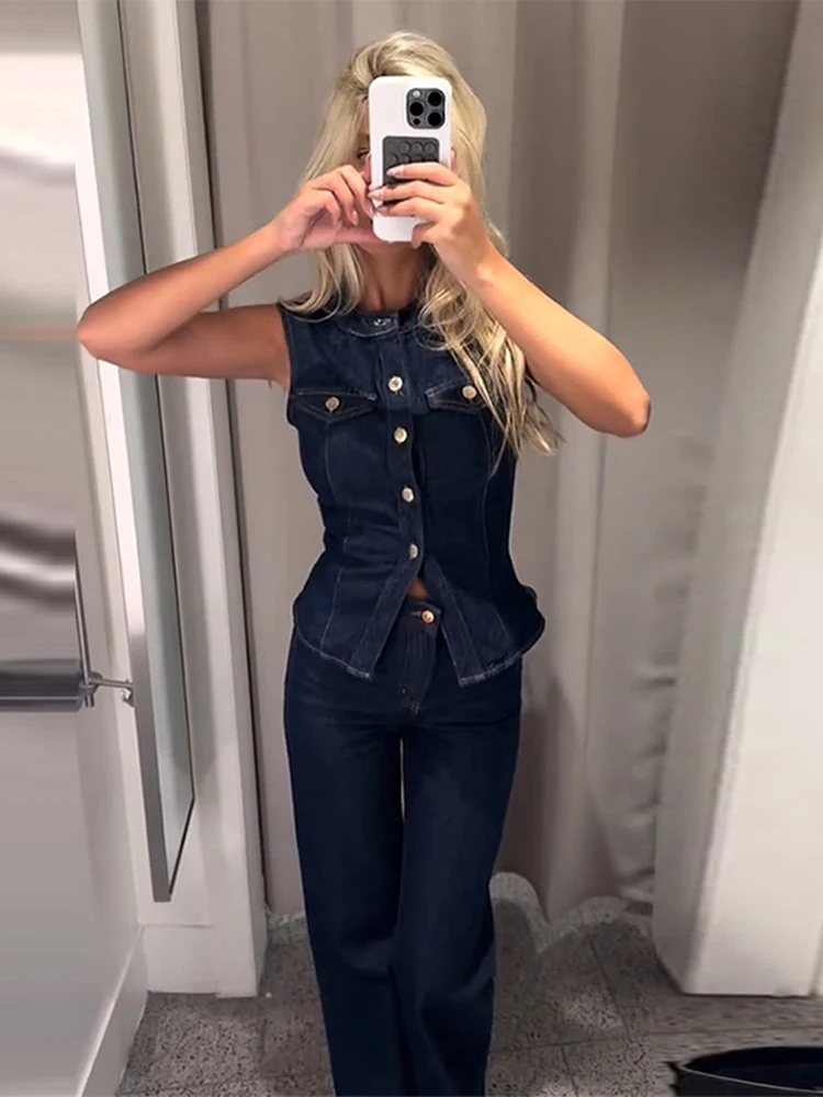 

Vintage Women Round Collar Denim Vest Jeans 2 Piece Sets Sleeveless Slim Single Breasted Tops Straight Low Rise Pants Outfits