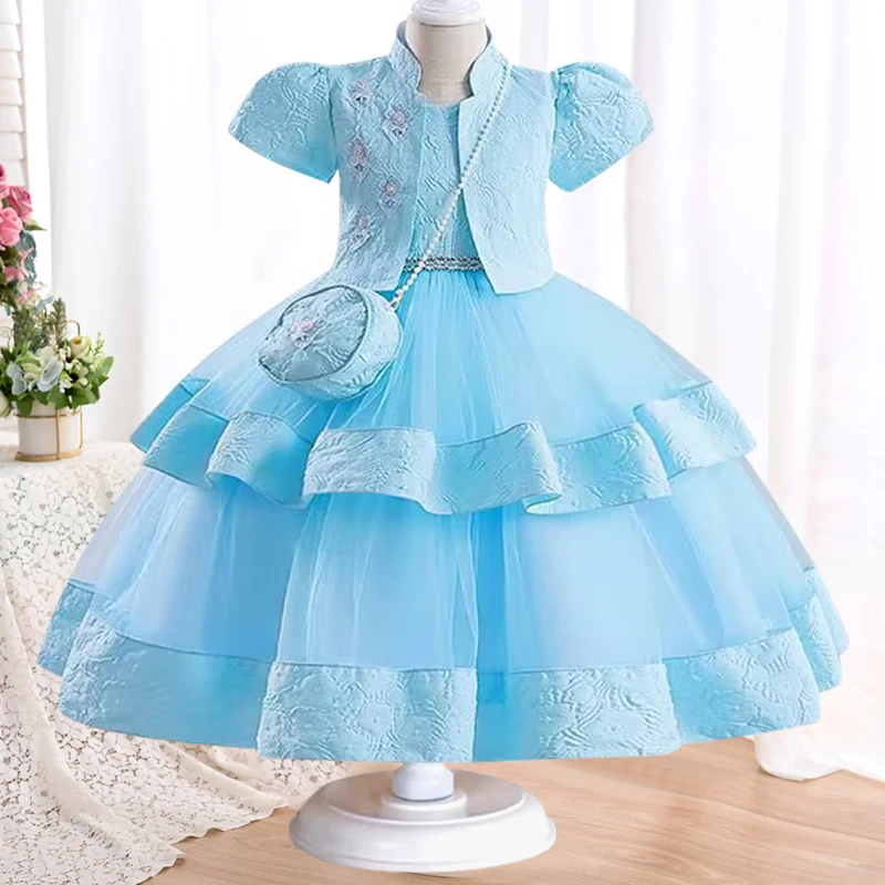 New 3-10 Year Old Children\'s Coat Embroidered Girl Princess Dress Tulle Cake Dress Girl Birthday Party Evening Dress+Bag