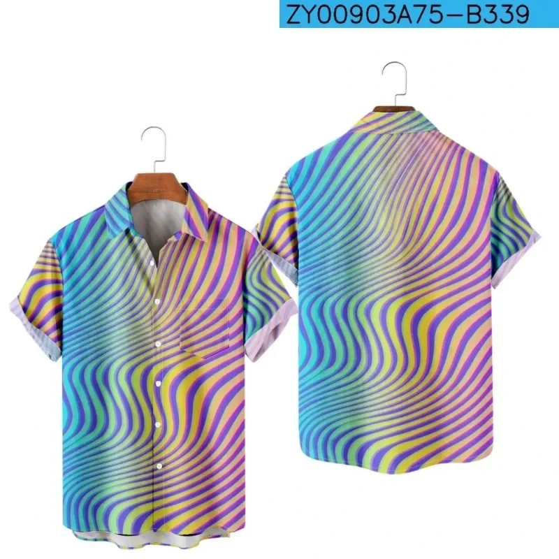 Hawaiian Shirt for Men Fashion Wave Tie-Dye Stripes Casual Holiday Streetwear Tops Harajuku 3D Print Short Sleeve Beach Clothes