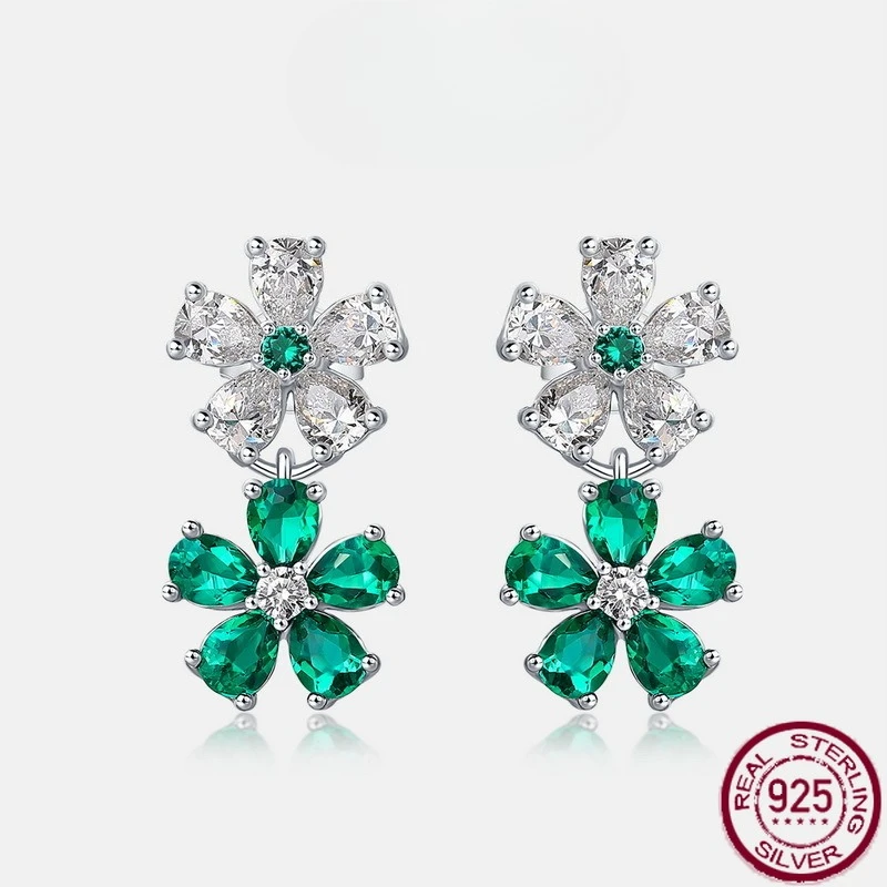 

New S925 pure silver flower emerald earrings inlaid with colorful jewelry, European and American fashion wedding jewelry