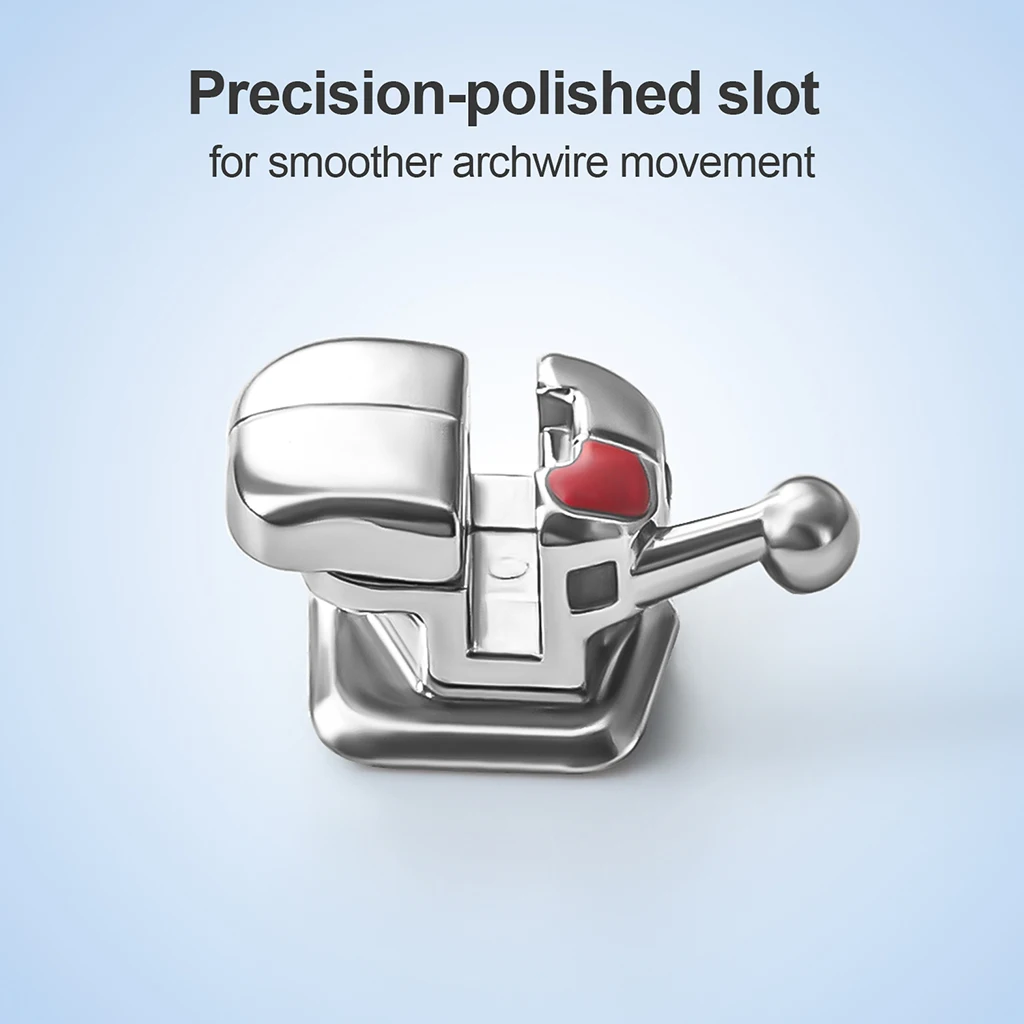 28 Stück/Box AZDENT Zahnspangen Selbstligierende Brackets mit Netzbasis, runden Kanten, Dual-Draht, Roth MBT 0.022, Bukkalröhrchen – Detail 4