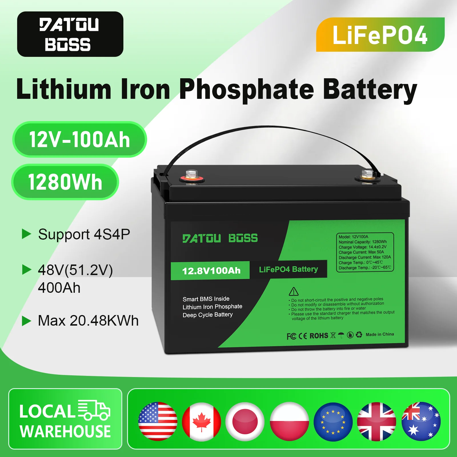 

DATOUBOSS 12V100Ah LiFePo4 Battery Pack Built-in BMS 1280W 12.8V Deep Cycle Solar Portable Rechargeable Power Home Energy