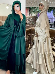 Eid Abaya per le donne Raso musulmano 3 strati Jalabiya Ramadan Robe Torta Abito Ramadan Caftano Abiti lunghi Vestido Largo Cardigan