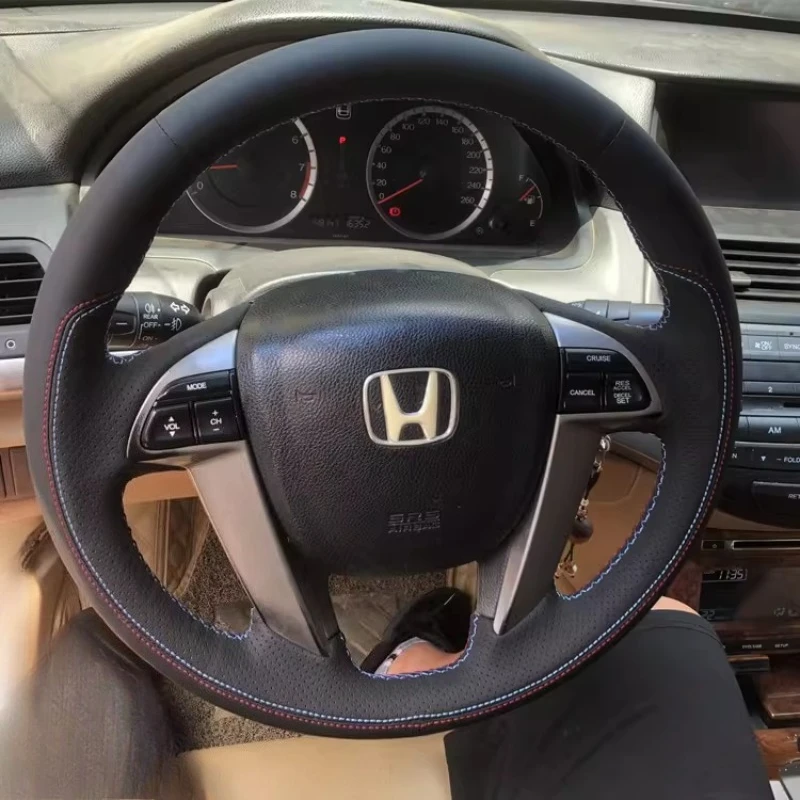

For Honda Pilot Odyssey Accord 8 2008-2015 Hand-Stitched non-slip Black Genuine Leather Car Steering Wheel Cover