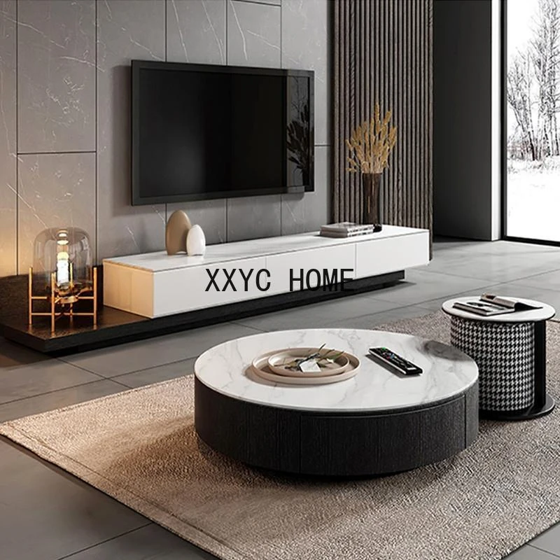 

Italian White Tv Cabinet Living Room Size Round Low Coffee Table Sofa Side Table Combination Small Apartment Floor Locker