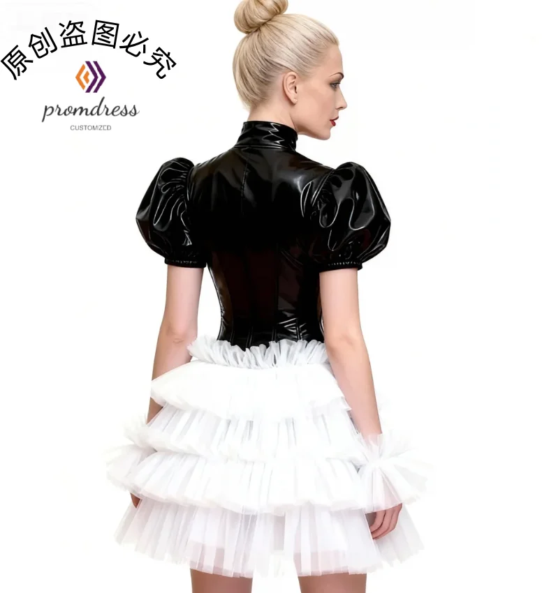 Victoriaanse gotische zwarte galajurk 2026 korte mouw hoge hals Witchy kostuum avondjurk witte tule ruches cocktail cosplay