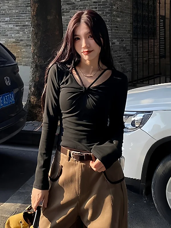 

Женская футболка Ele Bla Knot с V-образным вырезом и длинным рукавом, облегающая, базовая, весна 2026, модный повседневный топ из дышащего материала