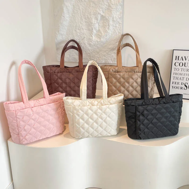 

Diamond Quilted Tote Bag for Women Fall Winter New Pink Tote Large Capacity Padded Bucket Bags Lightweight Puffer Shoulder Bag