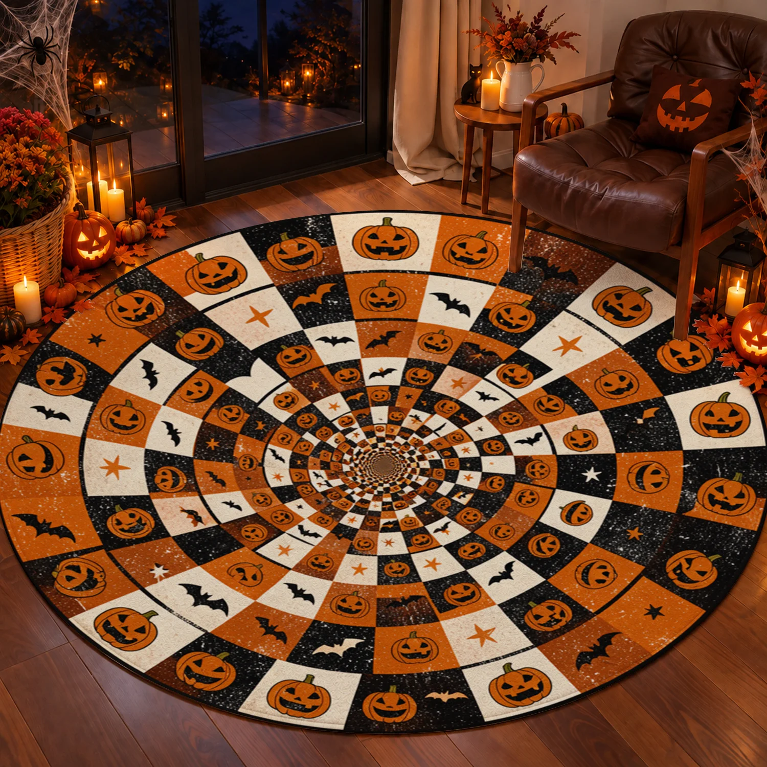 Round Jack O Lantern Bat Pattern Velvet Area Rug Machine Washable for Living Room Dining Room Entryway Halloween Thanksgiving Black Friday Christmas New Year