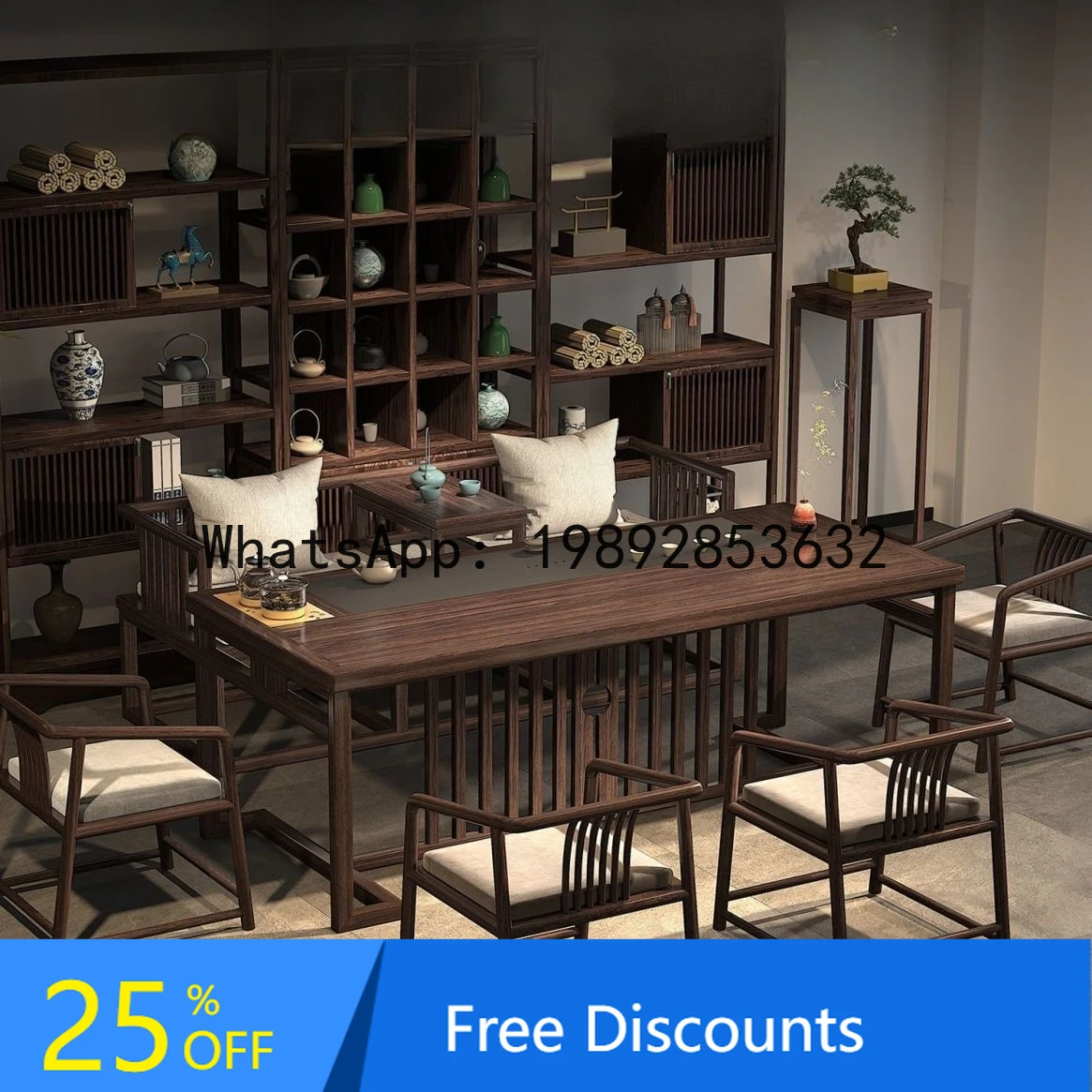 CZ  Chinese Style Black Gold Tea Table and Chair Set One Table Five Chairs Office Tea Set Integrated Home Solid Wood Tea Table