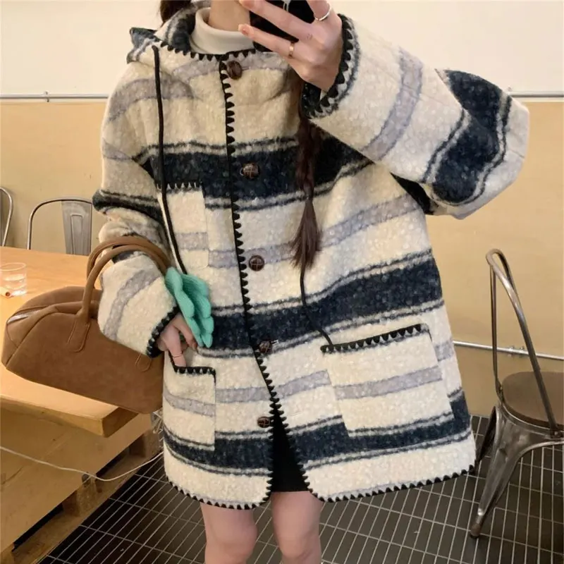Women's Clothing Loose Striped Wool Casual Hooded Drawstring Fashionable Midi Coats Autumn Winter Gentle Single-breasted Blends