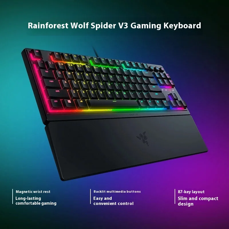 لوحة مفاتيح سلكية من سلسلة Razer Rainforest Wolf Spider V3، مفاتيح ميكانيكية خفيفة الوزن، كمبيوتر ألعاب، لوحة مفاتيح RGB بإضاءة خلفية