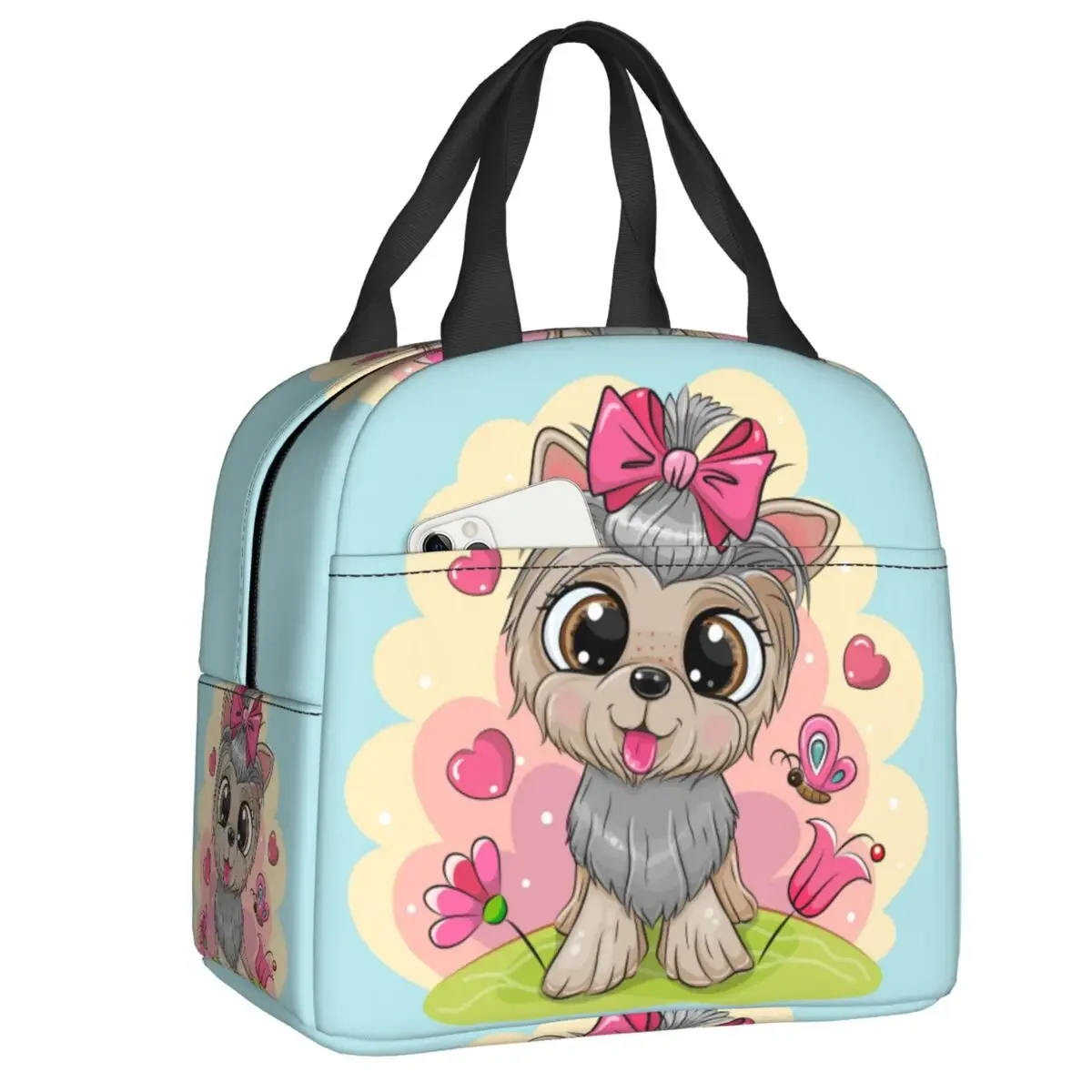 Custom Yorkshire Terrier Flowers Lunch Bag Men Women Cooler Warm Insulated Lunch Box for Student School