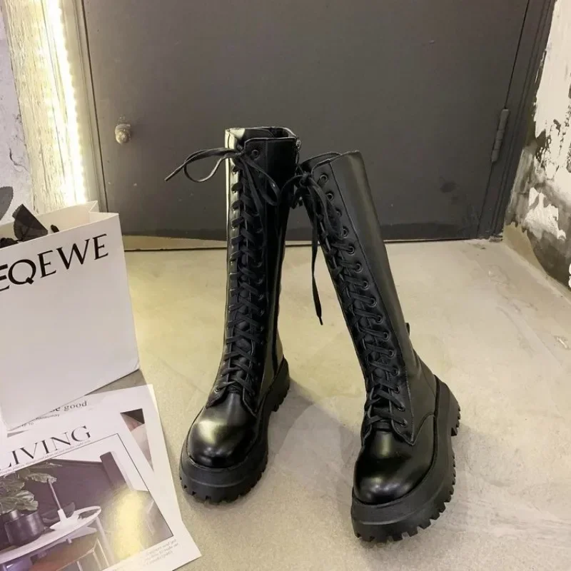 Long Boots Women Strappy Side Zip Women\'S Shoes Thick Sole Round Toe 2025 Autumn Winter New Fashion Tall Knee High Knight Boots
