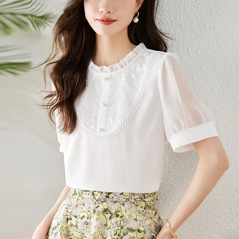 Elegant Solid Color Summer Loose Blouse Women Short Sleeve Fungus Side O-collar Pearl Button Decoration Pullover Shirt 2023