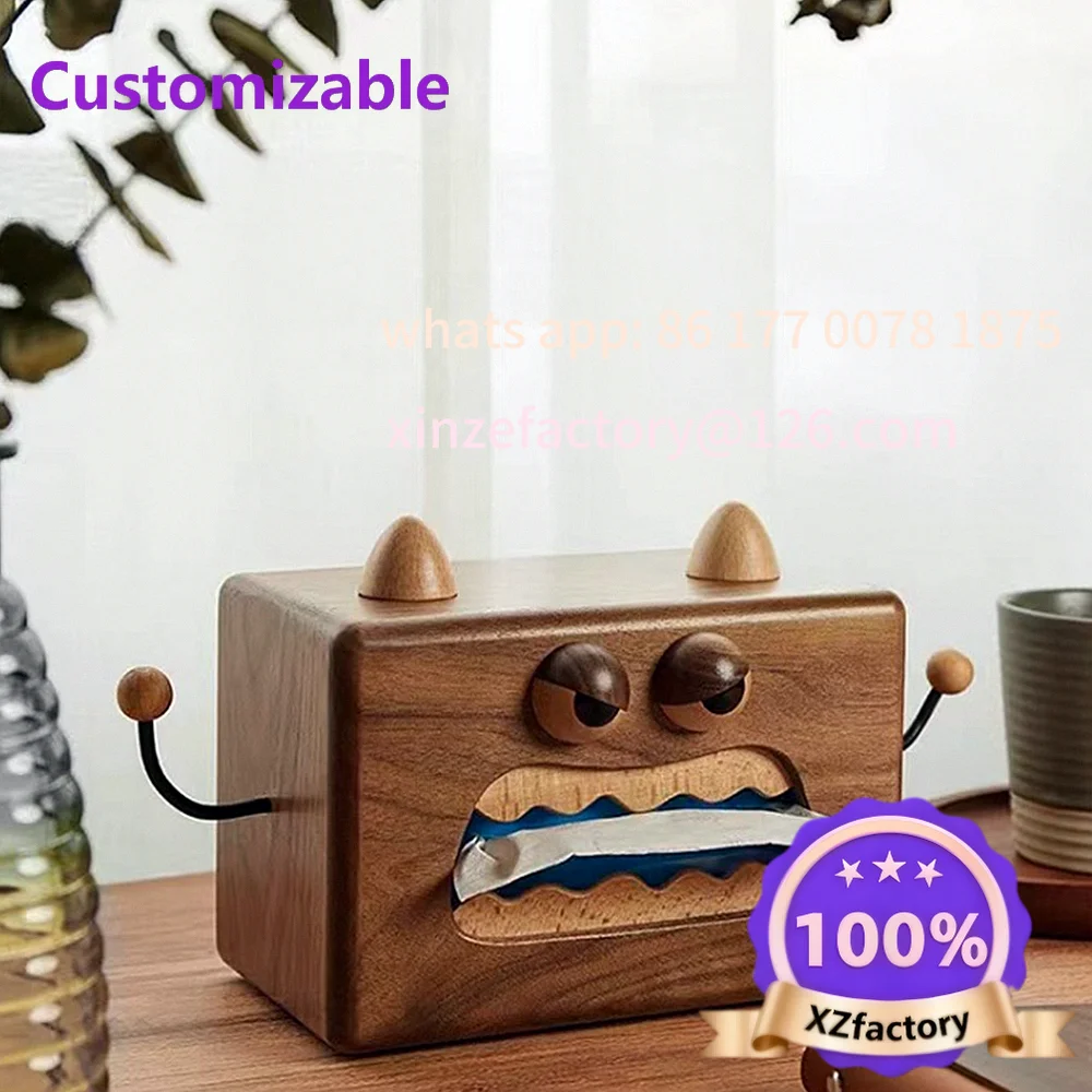 

Customizable Wood Walnut Cute Little Monster Tissue Box Cover Magnetic Wooden Paper Napkin Holder Pumping Storage Case