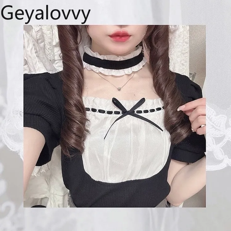 

Новая женская футболка в японском стиле из шифона с рюшами и коротким рукавом, с вырезом халтер, в стиле пэчворк, с объемными короткими рукавами, вязаный топ 2026 года