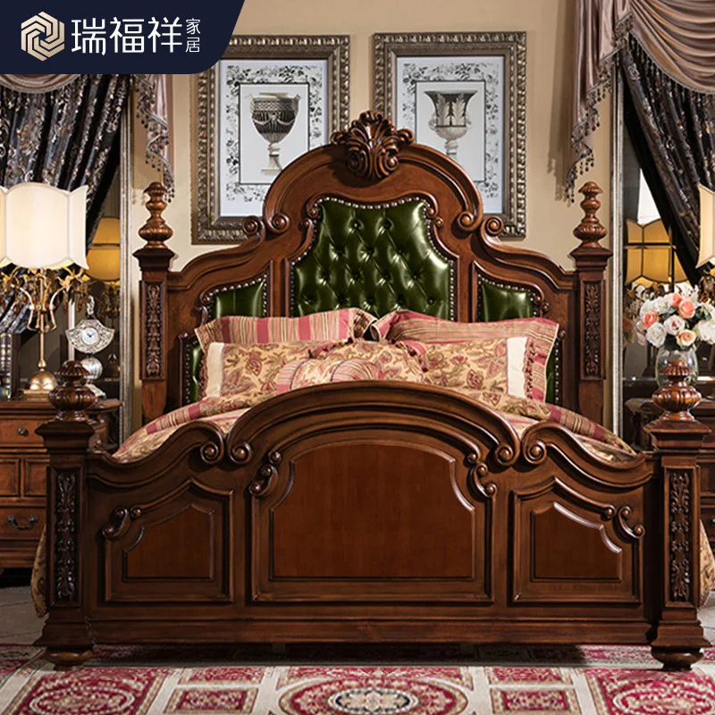 European leather double bed master bedroom American retro solid wood bed 1.8 meters carved bed villa furniture
