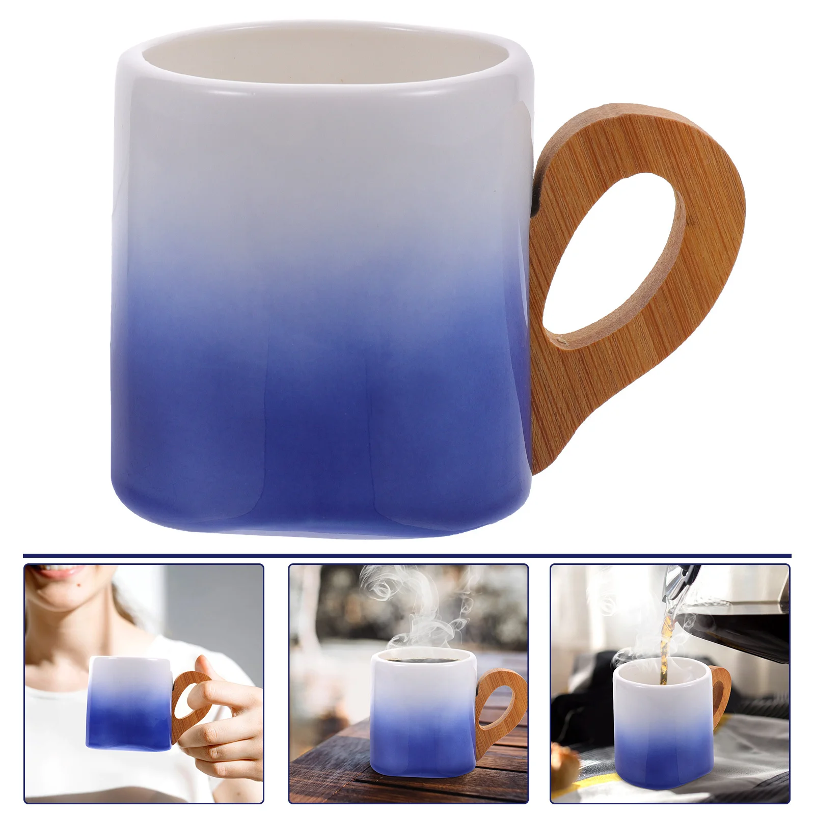 

Ceramic Coffee Mug Set with Bamboo Handle Large Flat Bottom Tea Cup for Home Office Cute Aesthetic Pretty Mugs