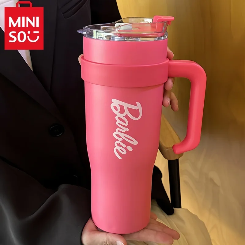 Miniso 1200ml tendência barbie série gigante de grande capacidade palha aço bling rosa barbe copo de água para meninas presente de aniversário