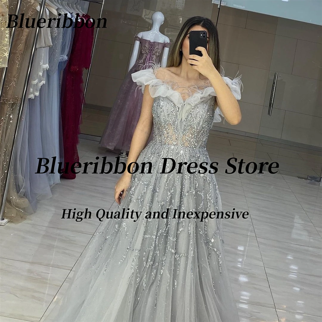Blueribbon vestidos de baile personalizados com penas frisadas fora do ombro vestidos de noite rendas até voltar dubai festa arábia saudita feminino