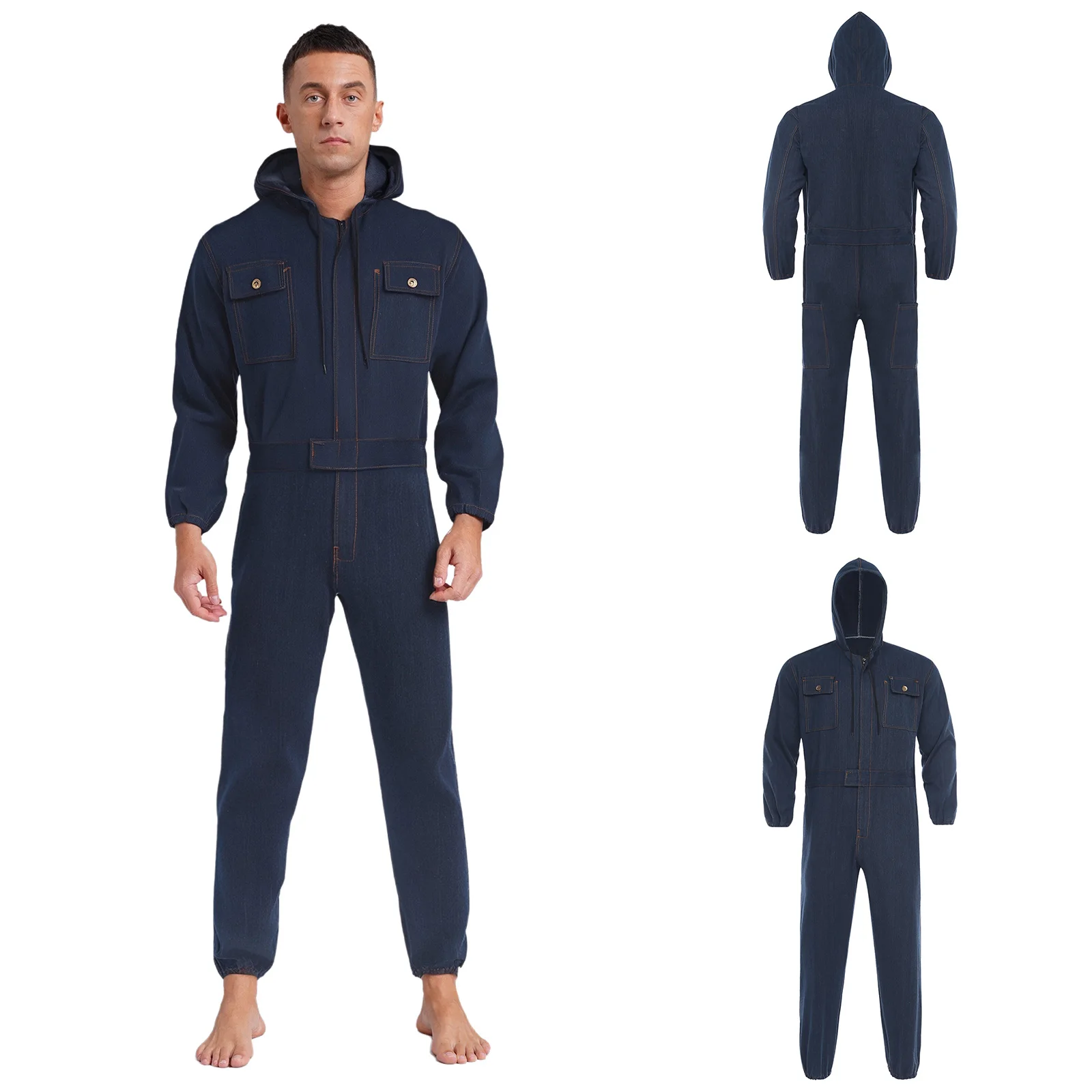 Men's Hooded Work Coveralls Long Sleeve Full Cover Denim Jumpsuits Wear Resistant Rompers for Reparing Spraying Working Overalls