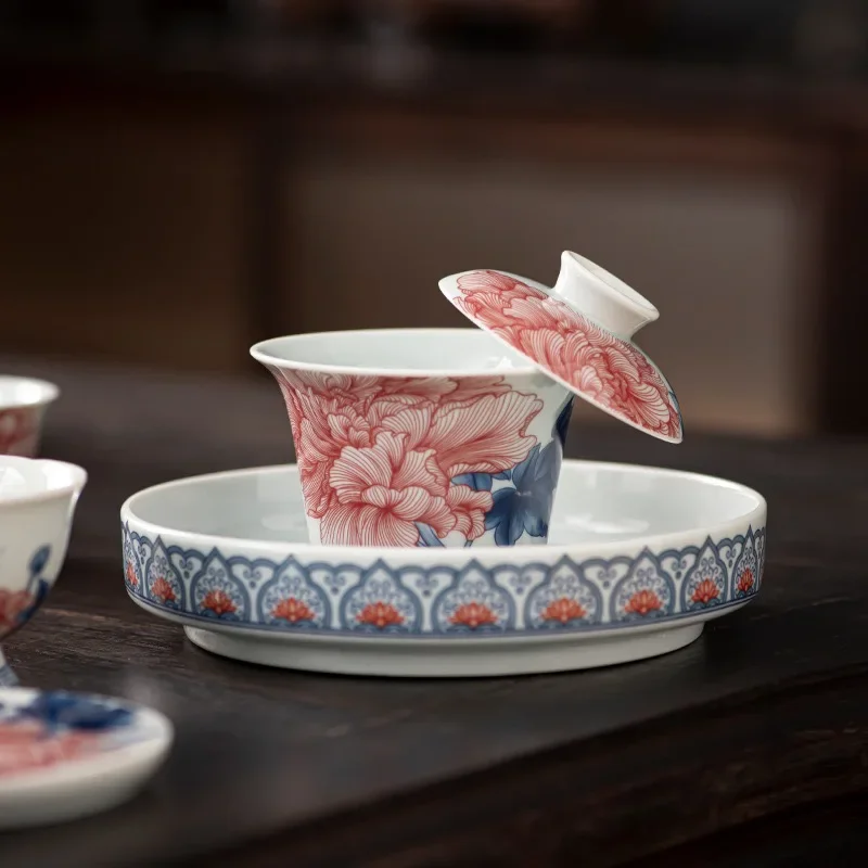 Blue and White Porcelain Peony TeaSet Kung Fu Teacup Hovering Cover Bowl Household Guest Ceramic Tea Bowl Tea Tableware Ornament