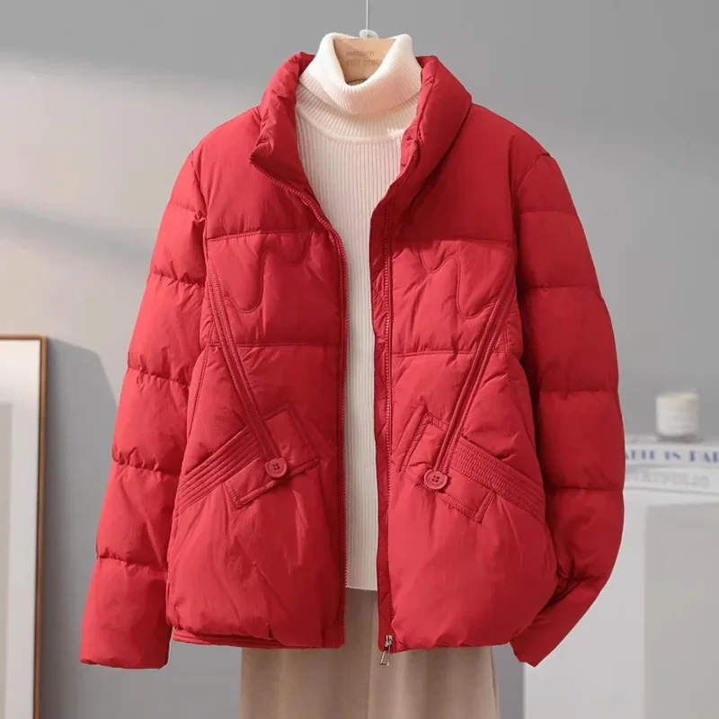 Piumino da donna Parker tinta unita 2025New inverno caldo colletto alla coreana piumino corto da donna per il tempo libero con piumino d'anatra bianco spesso H435