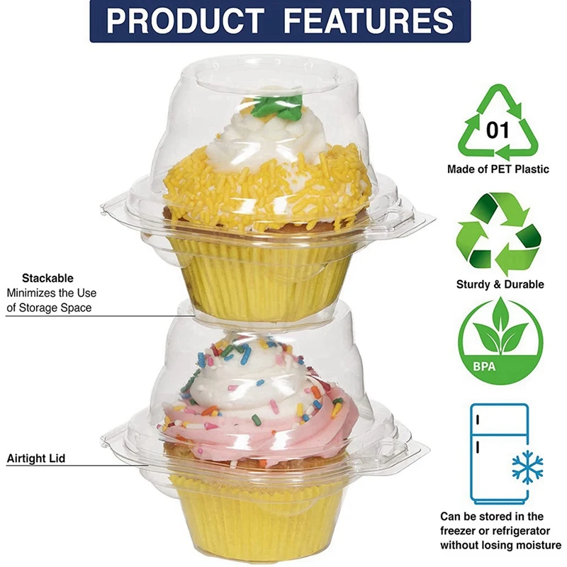 50PCS Individual Cupcake Containers Stackable Single Compartment Disposable Carrier Holder Box With Airtight Dome Lid