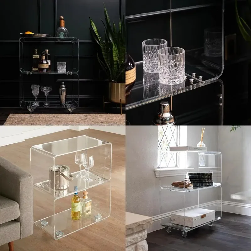 Clear acrylic double layer wheeled storage rack for kitchen tool storage, modern design