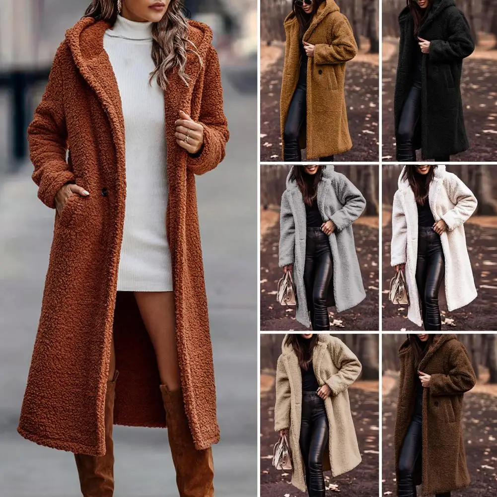 2024 Spring Wool Women\'s Long Coat Black Hooded Pocket Thick Warm Jacket Female Fleece New Trench Trendy Fashion Ladies Clothes