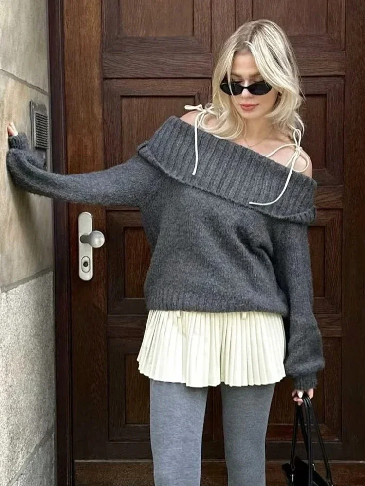 Foridol Slash Neck Dark Grey Mohair Women Sweater Pullover Femme Casual Loose Trendy Style Autumn Winter Knitted Pullover