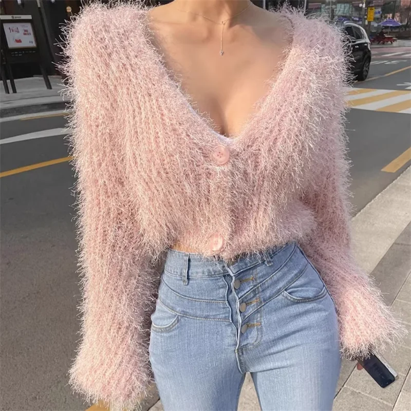 

Lazy Style Loose Fuzzy Soft Knitted Short Cardigan New Spring Fall Fashion Deep V Neck Casual Sweater Black Pink White Plush Top