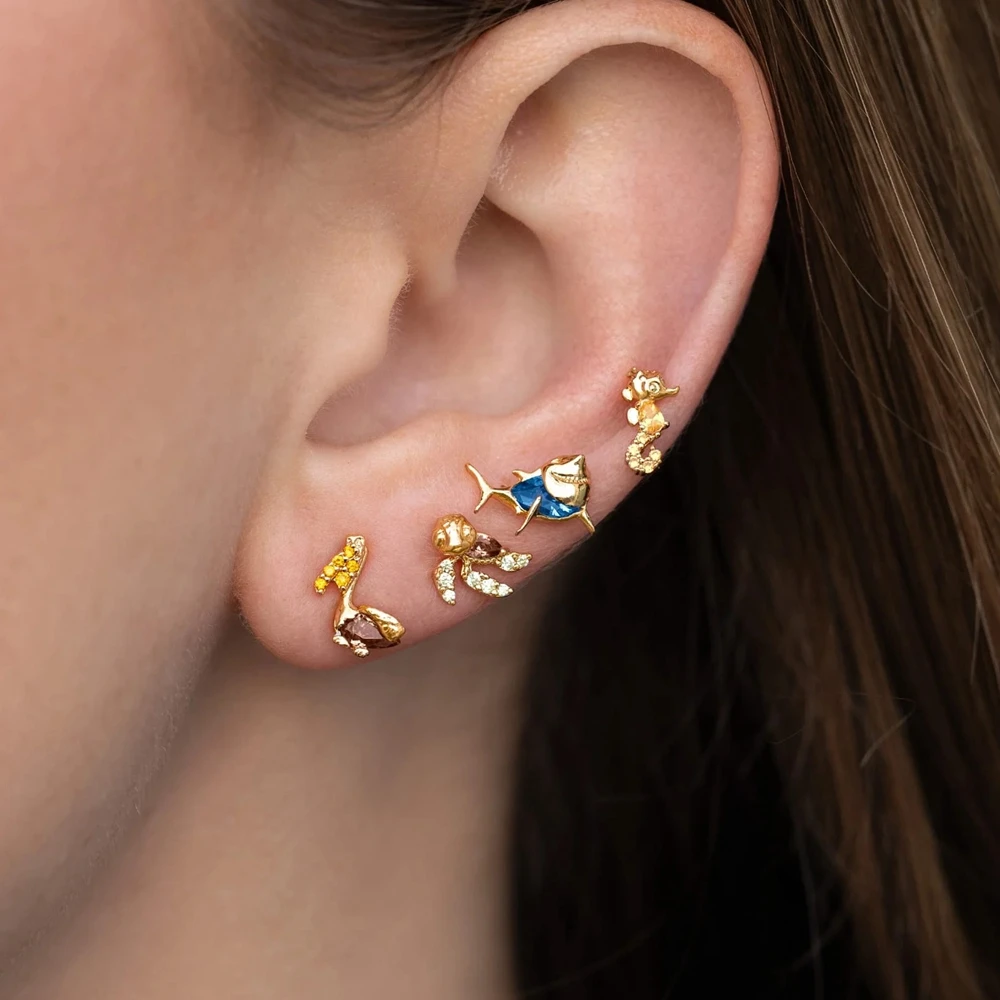 MIGGA 4 قطع مكعب زركونيا الكرتون طاقم البحر وأقراط مجموعة مطلية بالذهب كريستال النساء الفتيات هدية مجوهرات