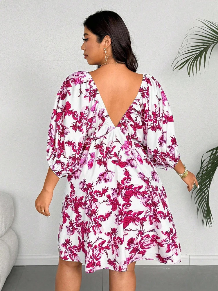 Plus Size Floral Off Shoulder Long Sleeve V Neck Flowy Casual Mini Dress For Women Summer Beach Party