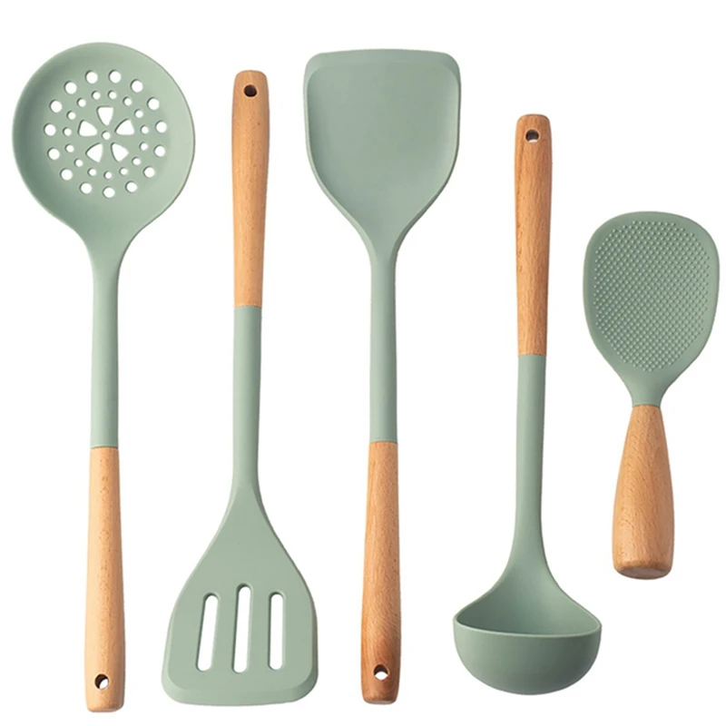 

5Pcs Silicone Kitchen Utensils Set With Wooden Handle Non-Stick Spatula Cooking Set Frying Spatula Ladle Rice Spoon