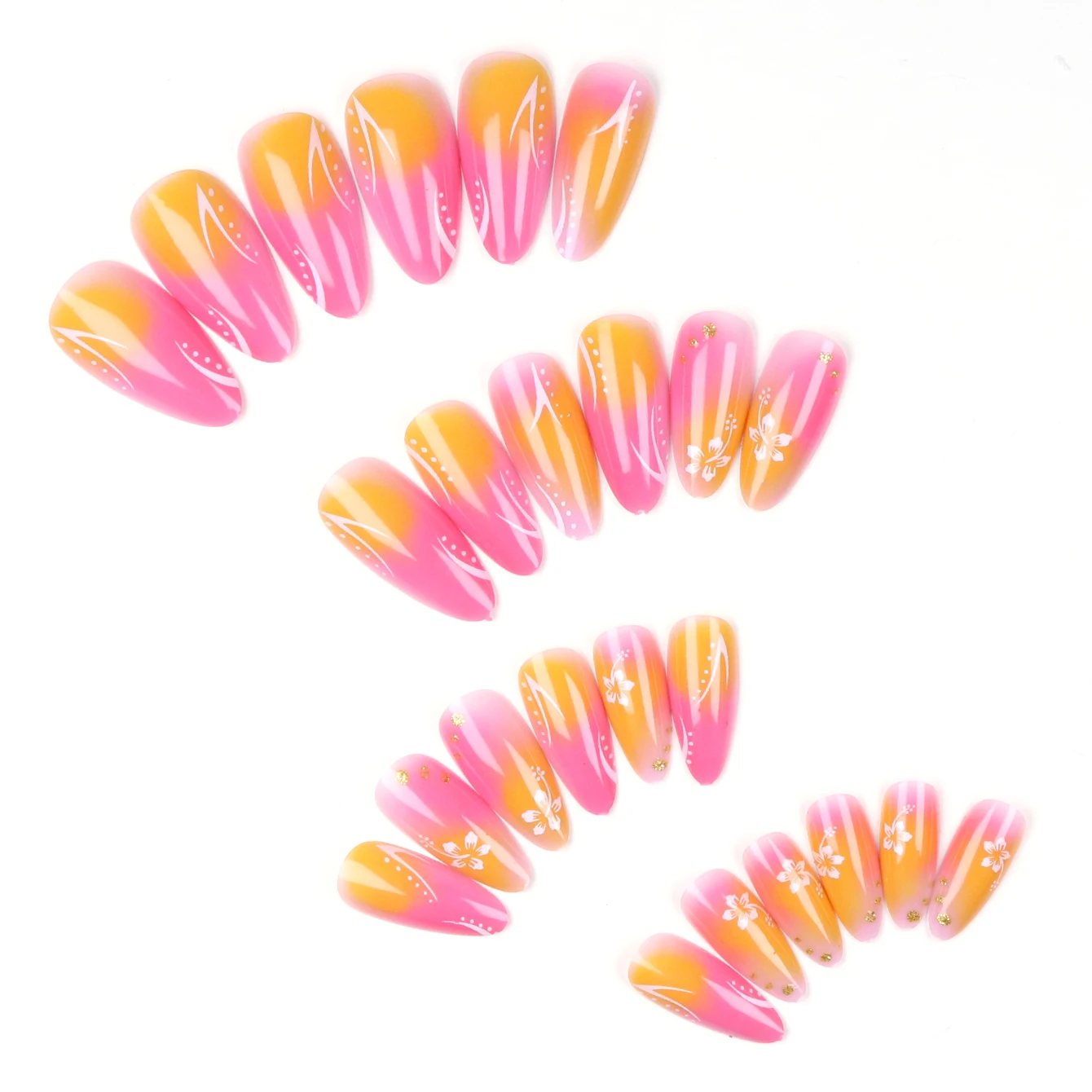 24pcs Upgrade Your Look With Multicolored flower almond-shaped false nail set 1pc Nail File & 1Nail Glue Sticker Kit Nails