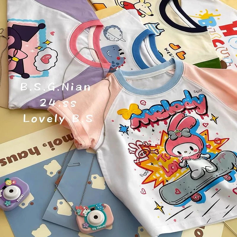 Camiseta de algodão de manga curta infantil, roupas de anime para meninos e meninas, My Melody, kawaii, kawaii, moda, verão, nova