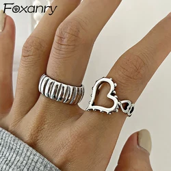 Foxanry Minimalist Silver Color LOVE Heart Rings for Women New Fashion Creative Design Hollow Geometric Handmade Party Jewelry