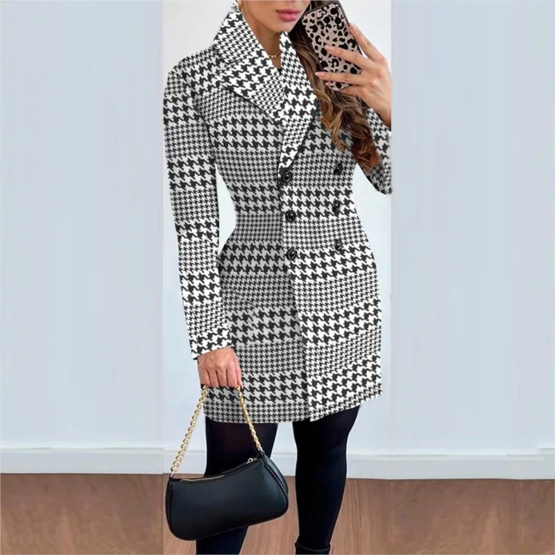 Autumn Plaid Coat Dress Women Causal Office Ladies V-neck Double Breasted Slim Coat Dresses For Woman