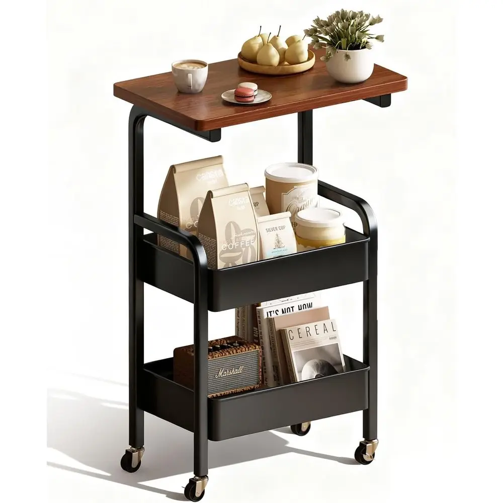 

3 Tier Metal Rolling Utility Cart Organizer with Walnut Table Top, Stable and Sturdy Rolling Storage Carts with 2 Lockable Wheel
