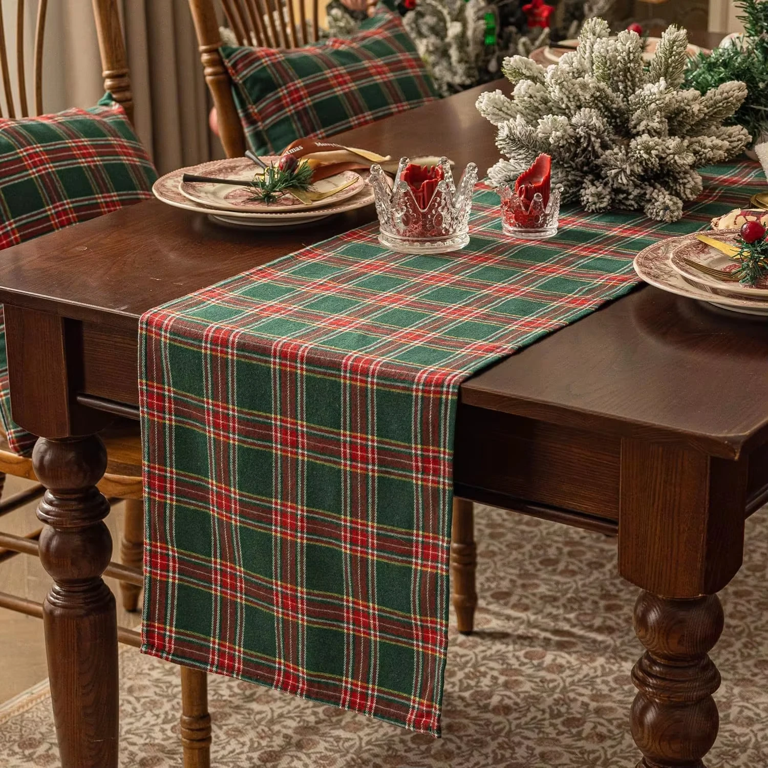 American Retro Grün Karierter Weihnachts-Tischläufer |   Dekorative Tischdecke/Matte für den Esstisch