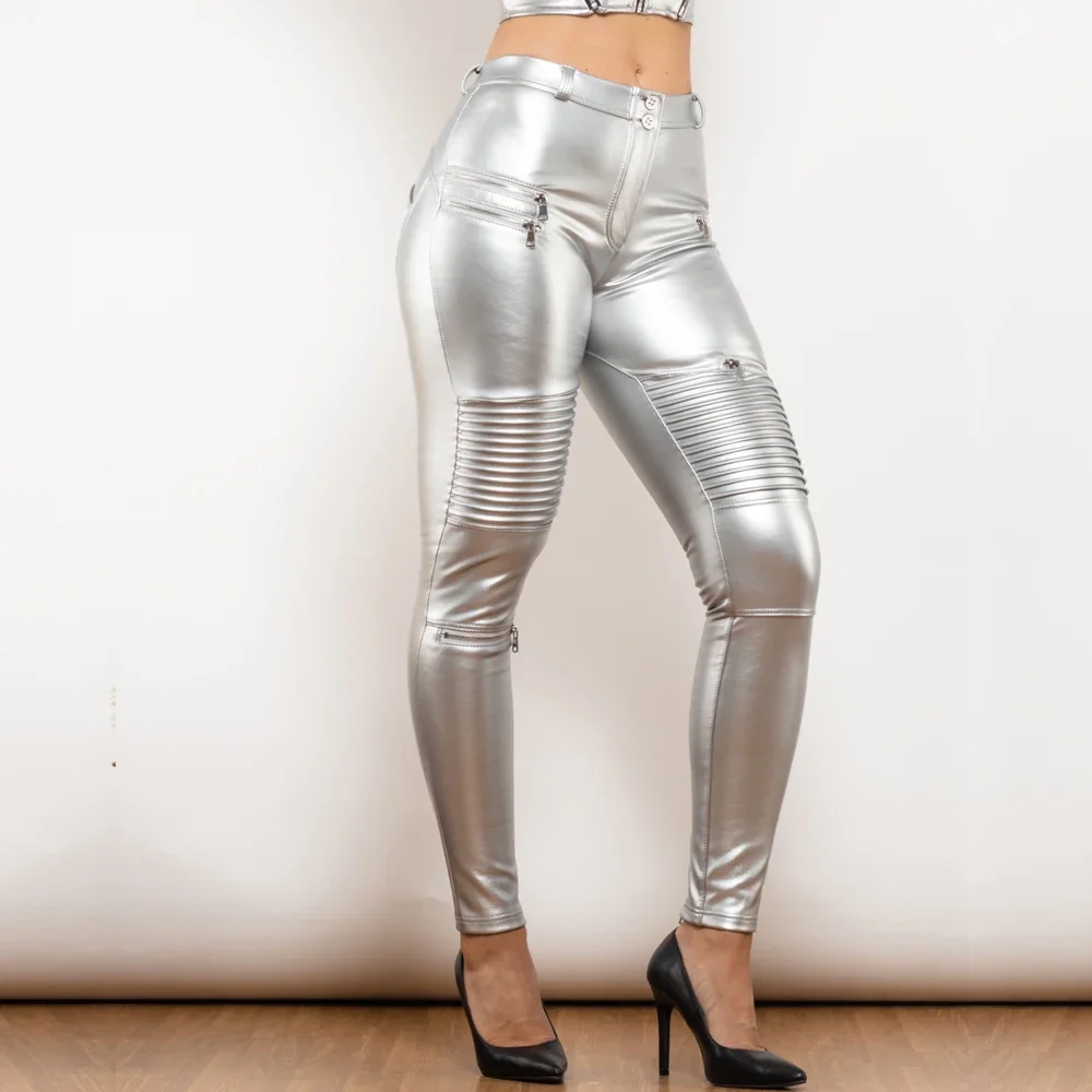 Shascullfites Melody Silver Faux Leather Slim Fit Biker Pants Waterproof PU Coated Windshield Design for Fashionable Protection
