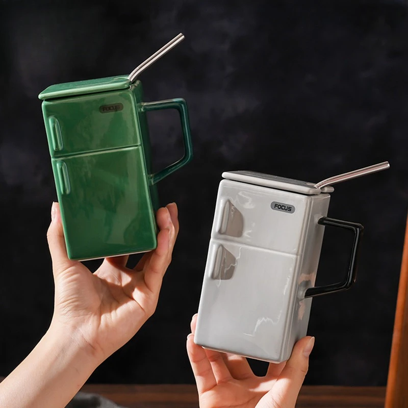 Straw ceramic cup creative retro refrigerator style mug personalized fashionable interesting coffee cup with lid couple gifts